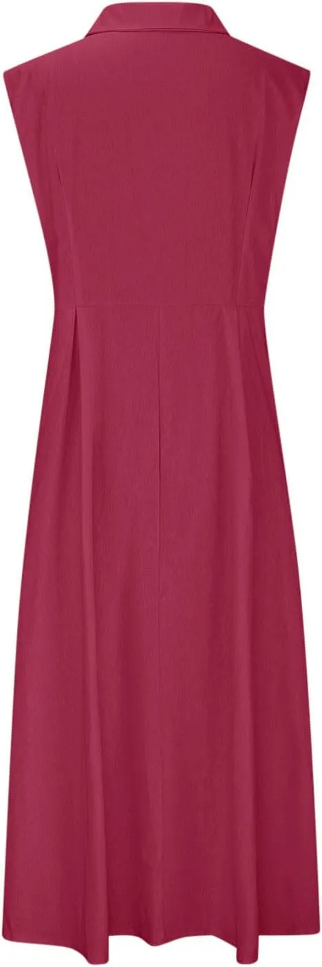 Women Summer Long Dresses Cotton Linen Solid Work Dress Causal Turndown Collar Sleeveless Button Sundress