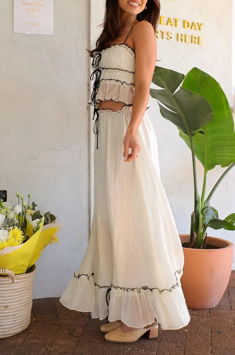 Women Summer Maxi Skirt Set Ruched Spaghetti Strap Crop Top Flowy Long Skirt Y2k Going Out 2 Piece Outfits Beachwear