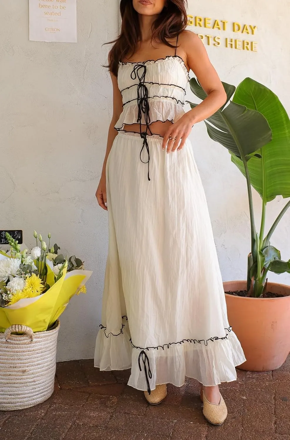 Women Summer Maxi Skirt Set Ruched Spaghetti Strap Crop Top Flowy Long Skirt Y2k Going Out 2 Piece Outfits Beachwear