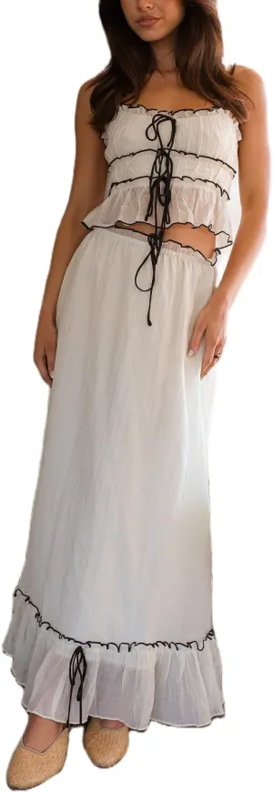 Women Summer Maxi Skirt Set Ruched Spaghetti Strap Crop Top Flowy Long Skirt Y2k Going Out 2 Piece Outfits Beachwear