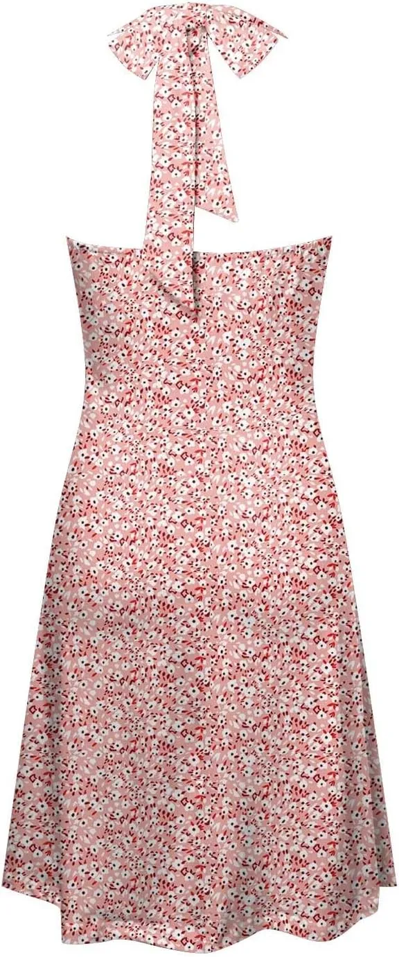 Women Summer Sundress Sleeveless Halter Deep V Neck Backless Boho Floral with Pocket Elastic Waist Ruffle Midi Dress