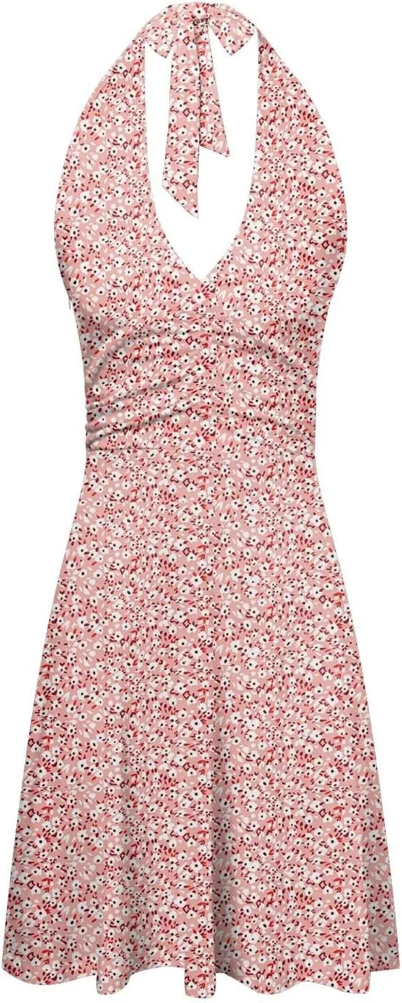 Women Summer Sundress Sleeveless Halter Deep V Neck Backless Boho Floral with Pocket Elastic Waist Ruffle Midi Dress