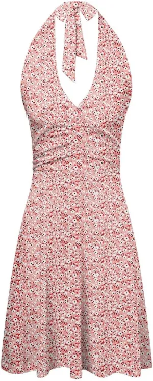 Women Summer Sundress Sleeveless Halter Deep V Neck Backless Boho Floral with Pocket Elastic Waist Ruffle Midi Dress