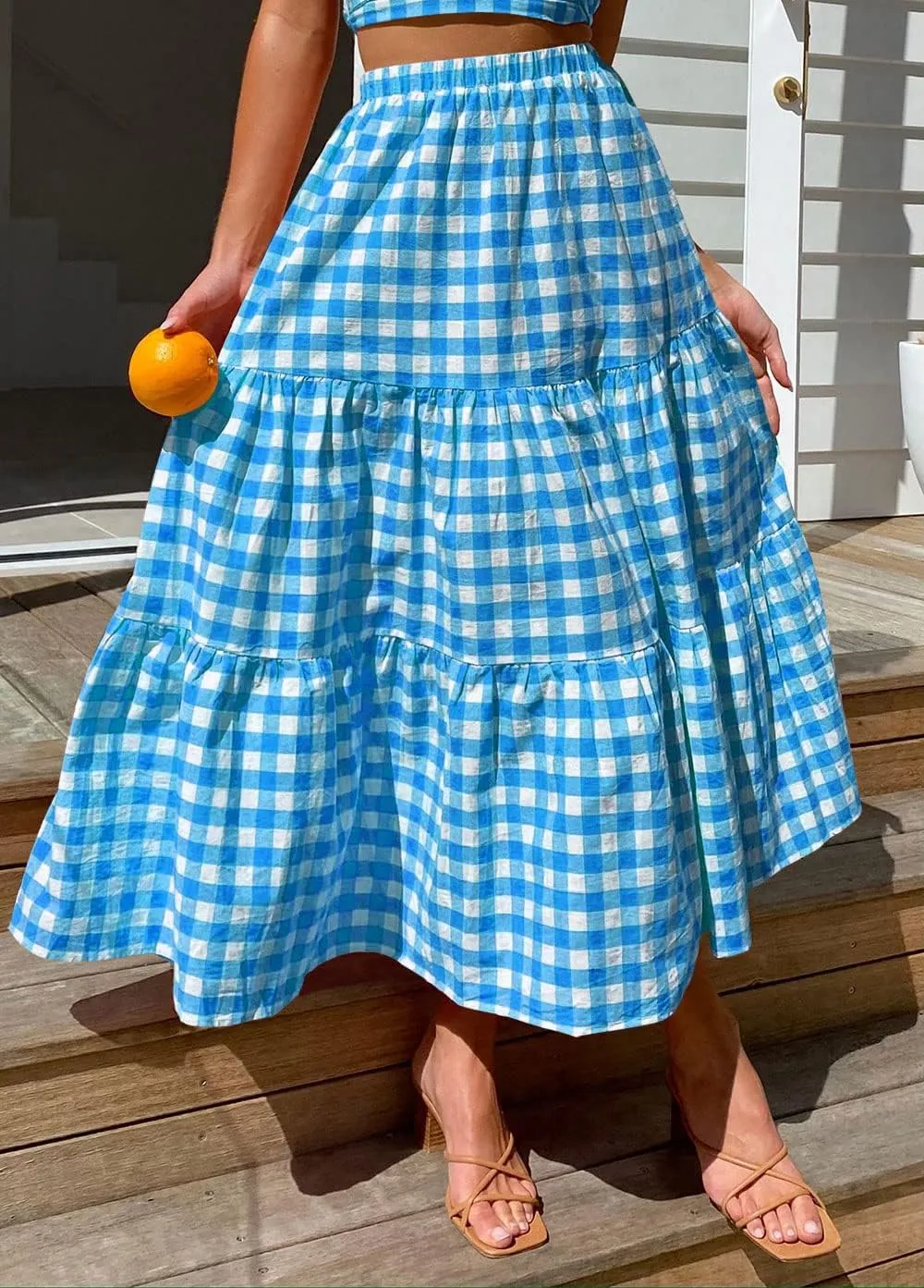 Women Summer Tiered Maxi Skirt Elastic High Waist A Line Boho Beach Dress Pleated Flowy Swing Long Skirts