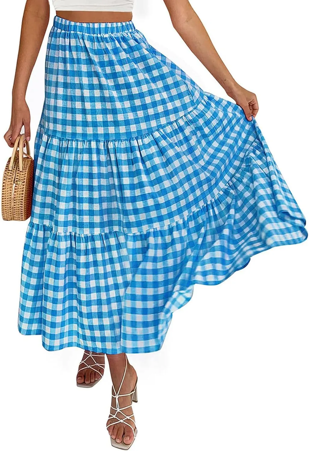 Women Summer Tiered Maxi Skirt Elastic High Waist A Line Boho Beach Dress Pleated Flowy Swing Long Skirts