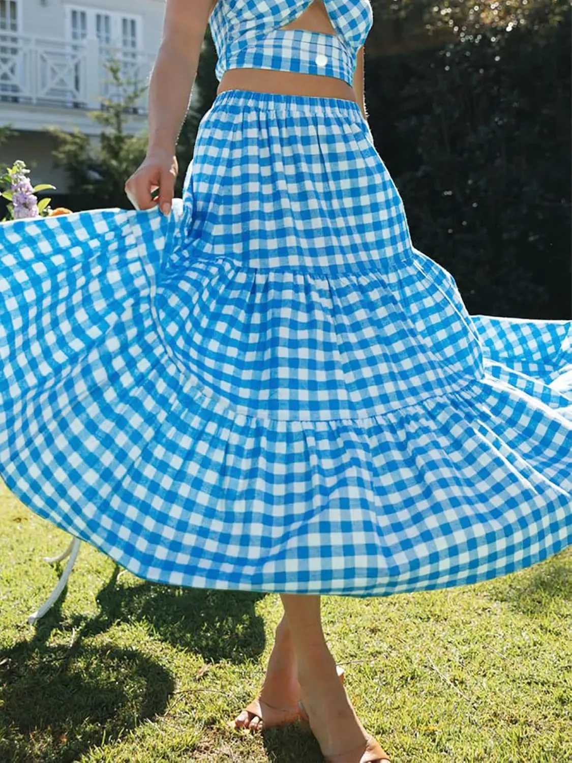 Women Summer Tiered Maxi Skirt Elastic High Waist A Line Boho Beach Dress Pleated Flowy Swing Long Skirts