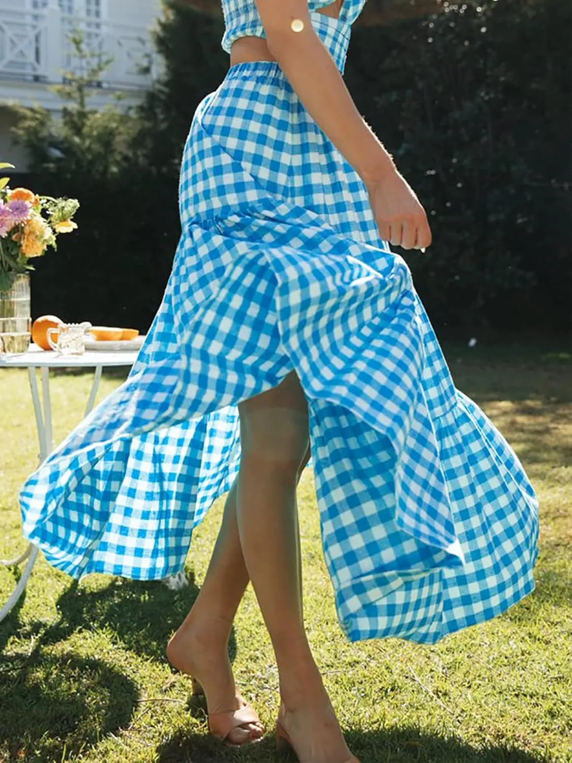 Women Summer Tiered Maxi Skirt Elastic High Waist A Line Boho Beach Dress Pleated Flowy Swing Long Skirts