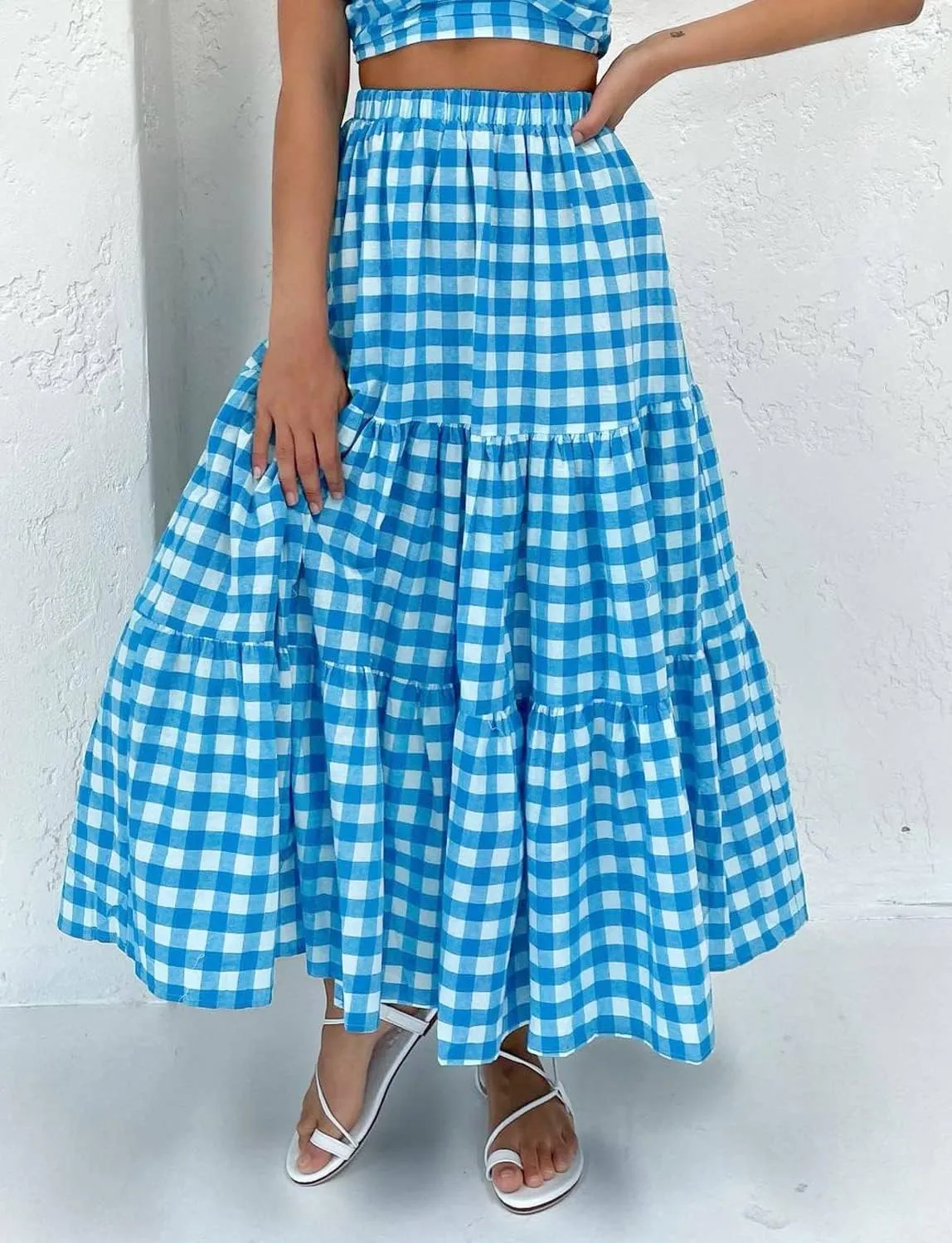 Women Summer Tiered Maxi Skirt Elastic High Waist A Line Boho Beach Dress Pleated Flowy Swing Long Skirts