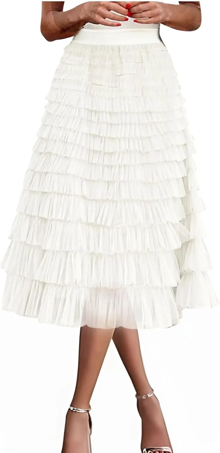 Women Tiered Layered Ruffle Skirts High Waist Elegant Midi Length Skirt Cute A Line Cake Skirts fir Ladies