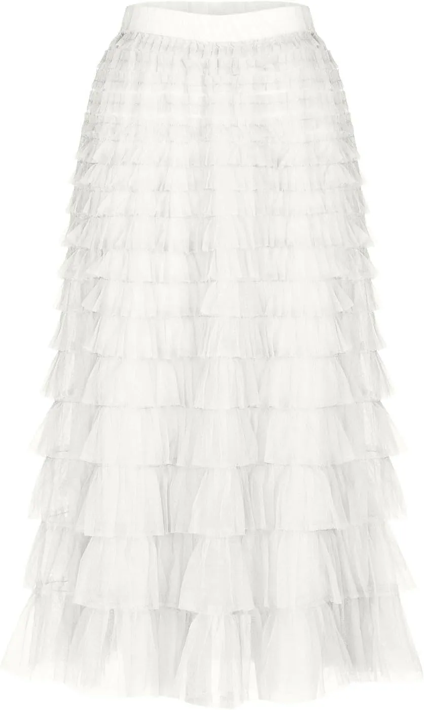 Women Tiered Layered Ruffle Skirts High Waist Elegant Midi Length Skirt Cute A Line Cake Skirts fir Ladies