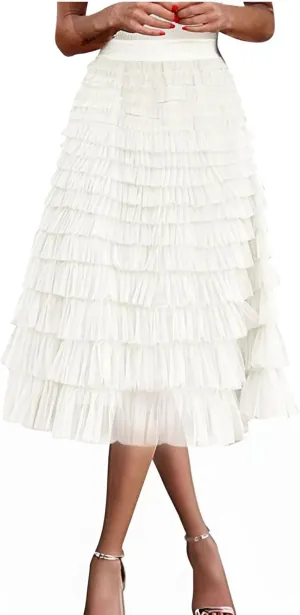 Women Tiered Layered Ruffle Skirts High Waist Elegant Midi Length Skirt Cute A Line Cake Skirts fir Ladies