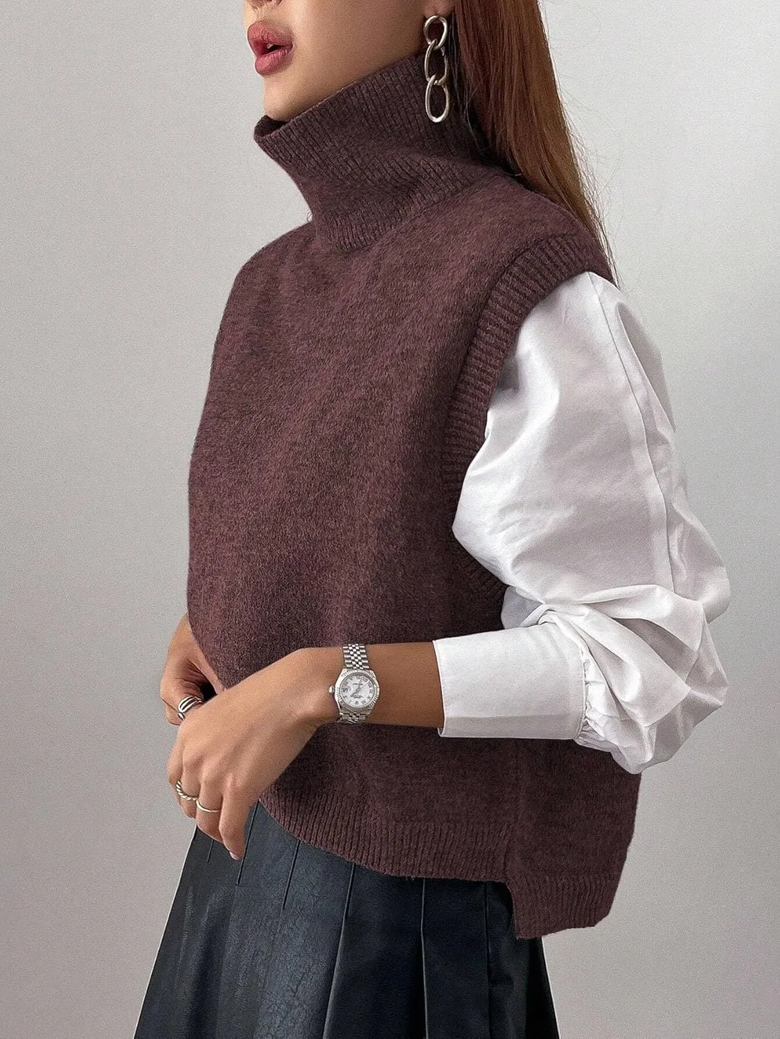 Women Turtleneck Crop Sweater Vest Sleeveless High Neck Solid Loose Fit Knitted Causal Jumper Top Streetwear