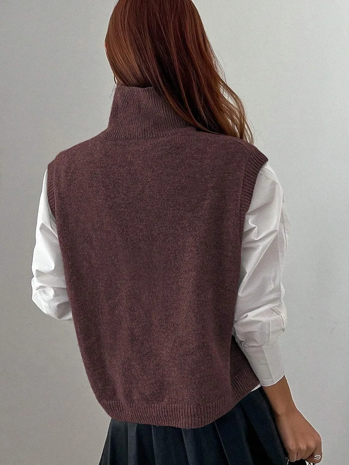 Women Turtleneck Crop Sweater Vest Sleeveless High Neck Solid Loose Fit Knitted Causal Jumper Top Streetwear