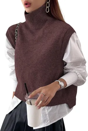 Women Turtleneck Crop Sweater Vest Sleeveless High Neck Solid Loose Fit Knitted Causal Jumper Top Streetwear