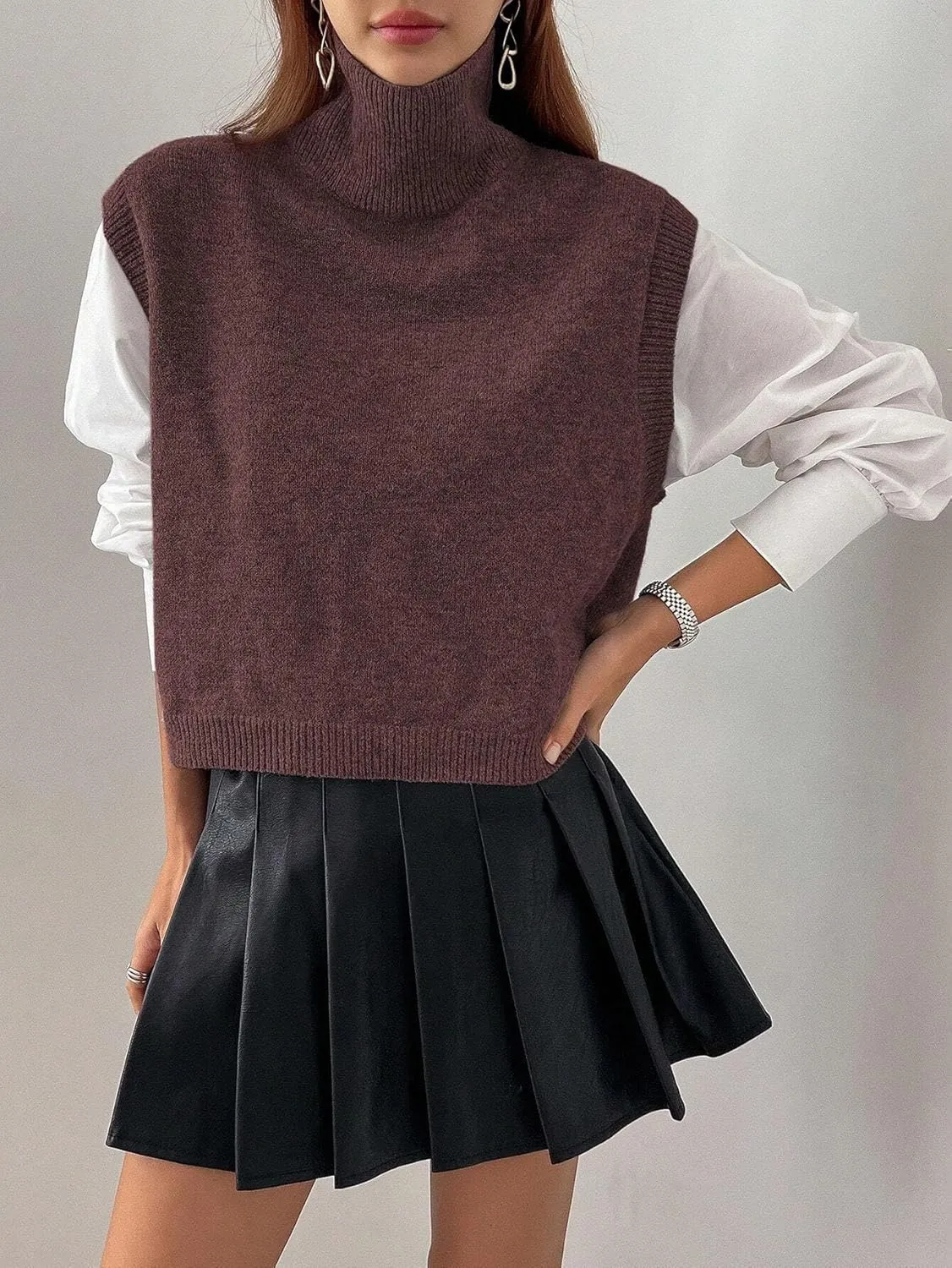 Women Turtleneck Crop Sweater Vest Sleeveless High Neck Solid Loose Fit Knitted Causal Jumper Top Streetwear