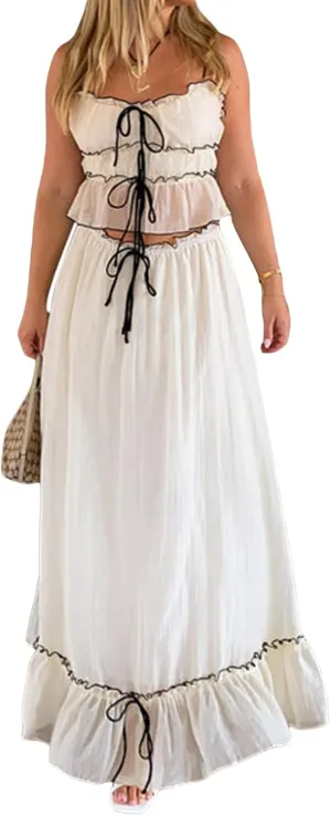Women Two Piece Maxi Skirt Set Y2k Sleeveless Crop Cami Top Ruffle Tiered Flowy Long Skirt Vacation Beach Outfits