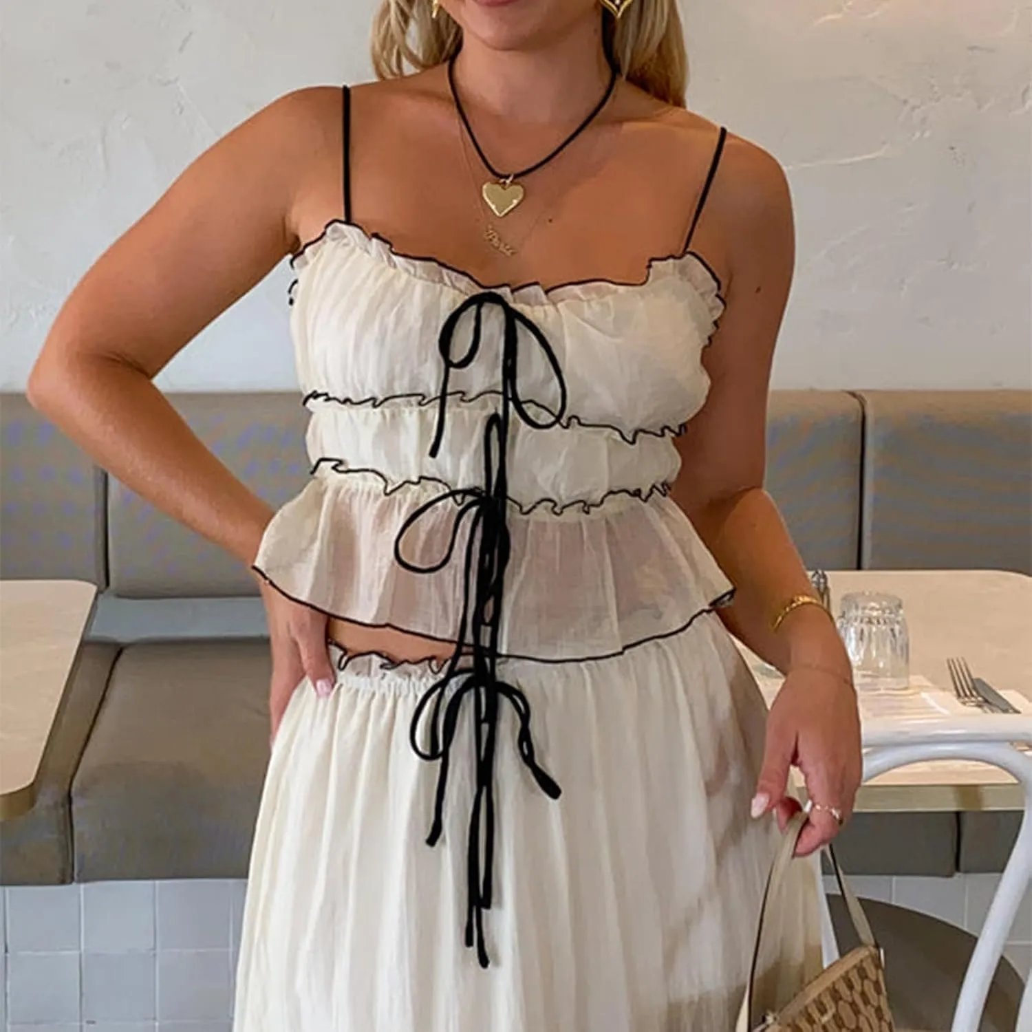 Women Two Piece Maxi Skirt Set Y2k Sleeveless Crop Cami Top Ruffle Tiered Flowy Long Skirt Vacation Beach Outfits