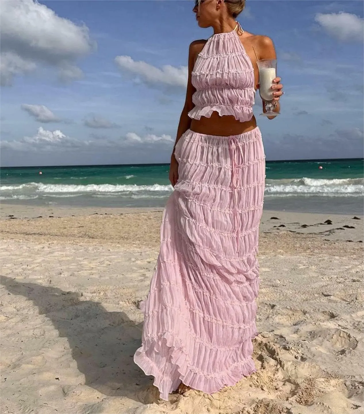 Women Two Piece Maxi Skirt Set Y2k Sleeveless Crop Cami Top Ruffle Tiered Flowy Long Skirt Vacation Beach Outfits