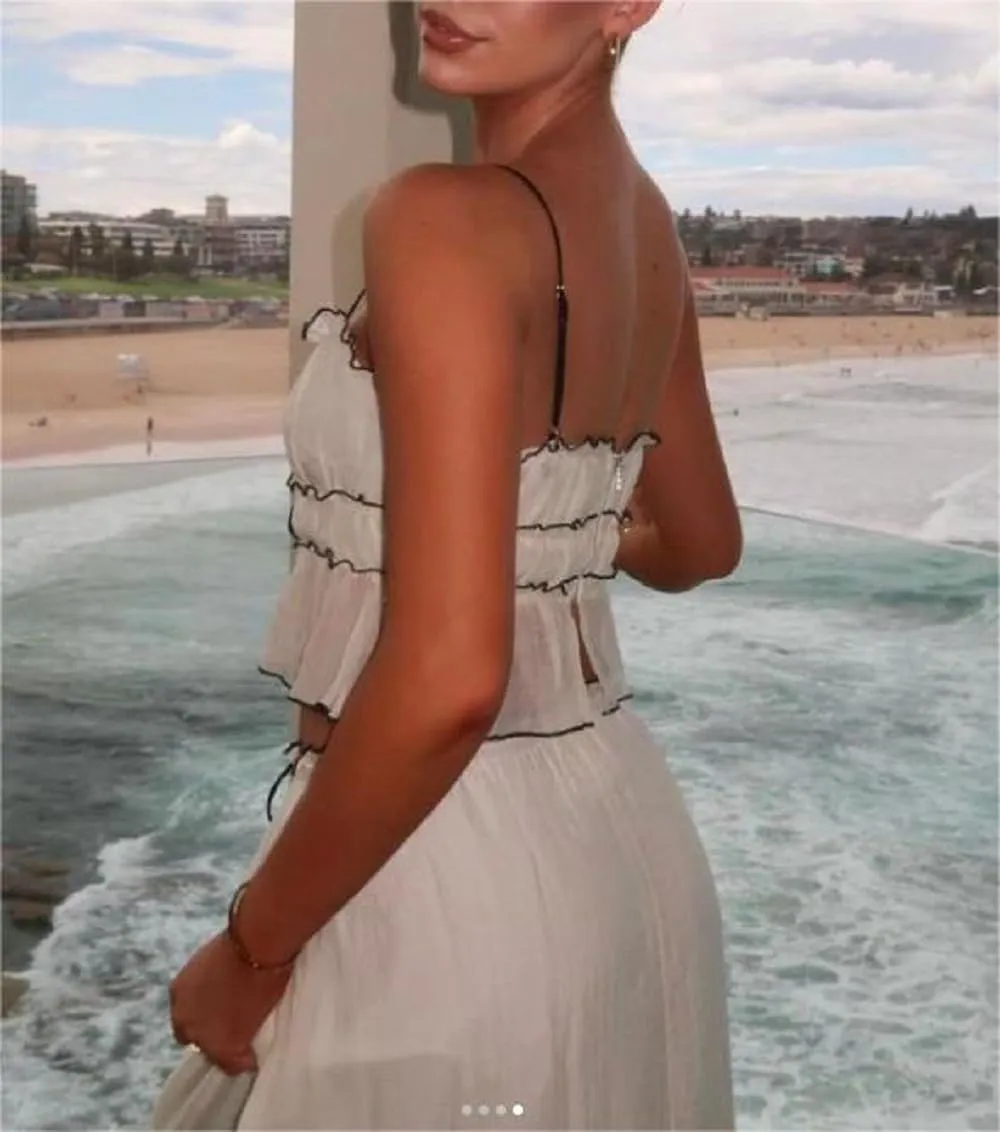 Women Two Piece Maxi Skirt Set Y2k Sleeveless Crop Cami Top Ruffle Tiered Flowy Long Skirt Vacation Beach Outfits