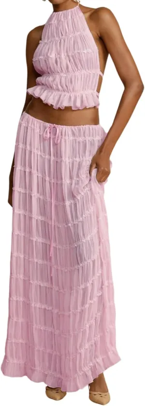 Women Two Piece Maxi Skirt Set Y2k Sleeveless Crop Cami Top Ruffle Tiered Flowy Long Skirt Vacation Beach Outfits