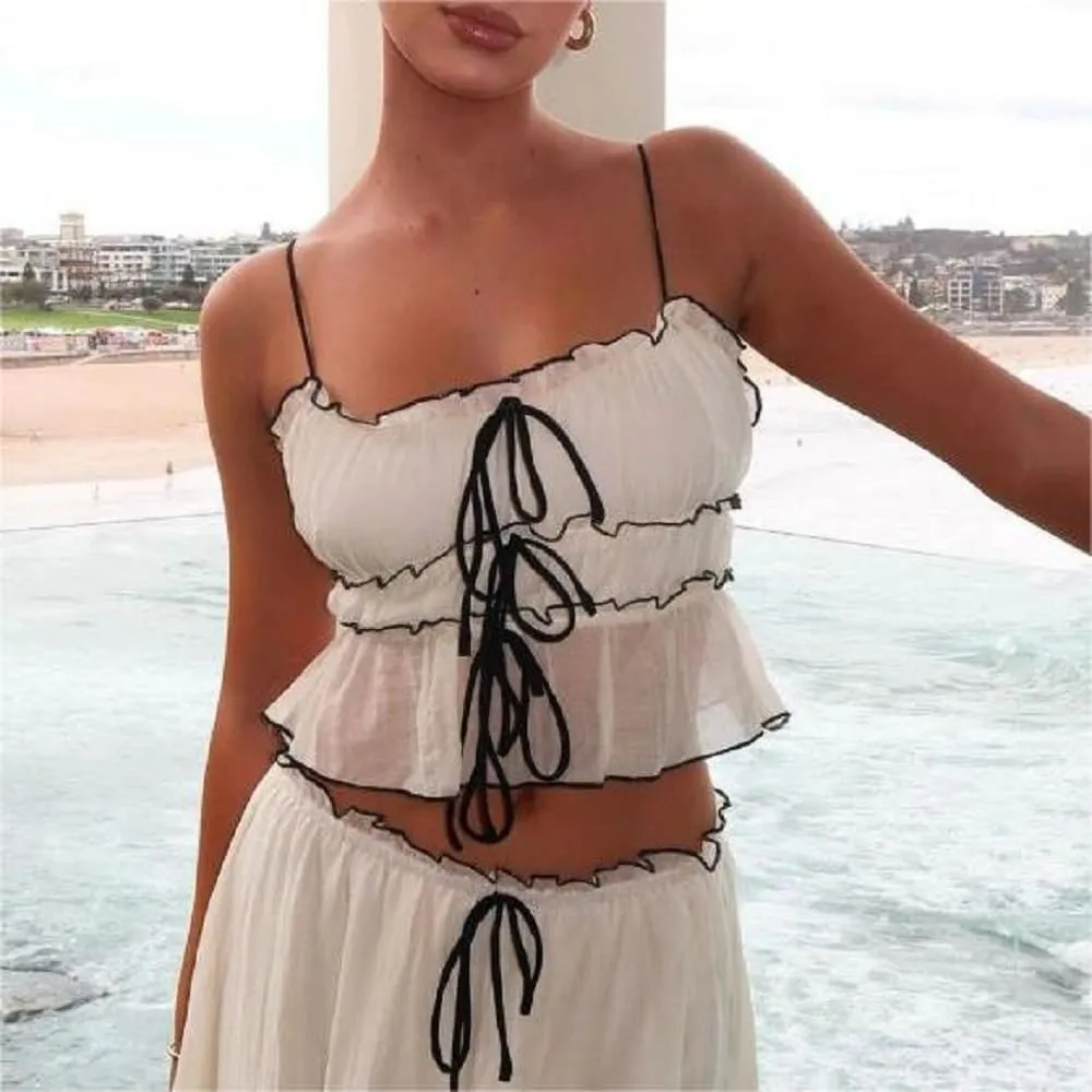 Women Two Piece Maxi Skirt Set Y2k Sleeveless Crop Cami Top Ruffle Tiered Flowy Long Skirt Vacation Beach Outfits