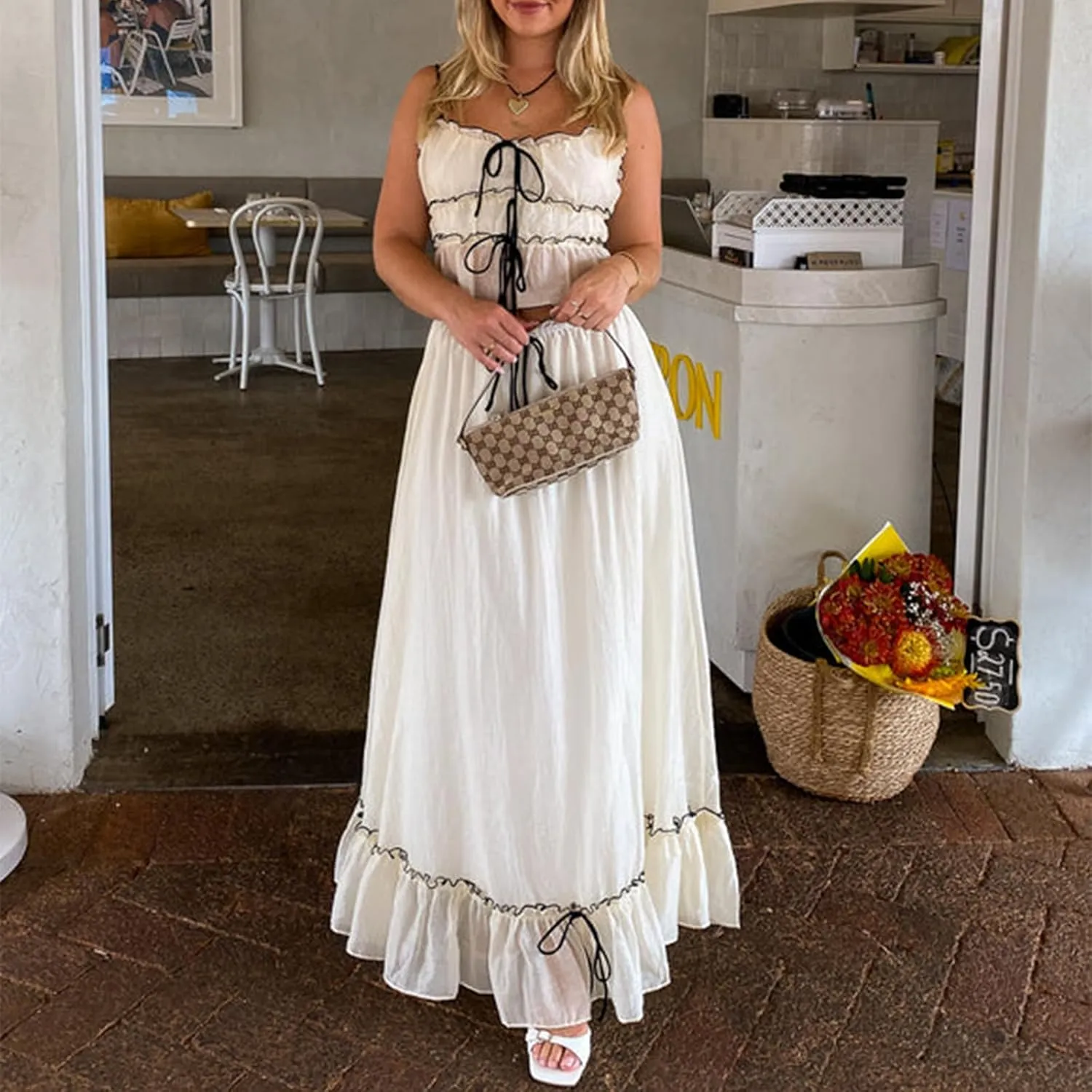 Women Two Piece Maxi Skirt Set Y2k Sleeveless Crop Cami Top Ruffle Tiered Flowy Long Skirt Vacation Beach Outfits