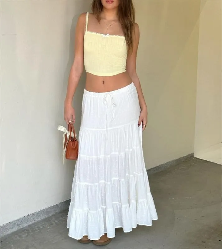 Women Two Piece Maxi Skirt Sets Y2k Sleeveless Crop Cami Top Ruffle Tiered Flowy Long Skirt Vacation Beach Outfits