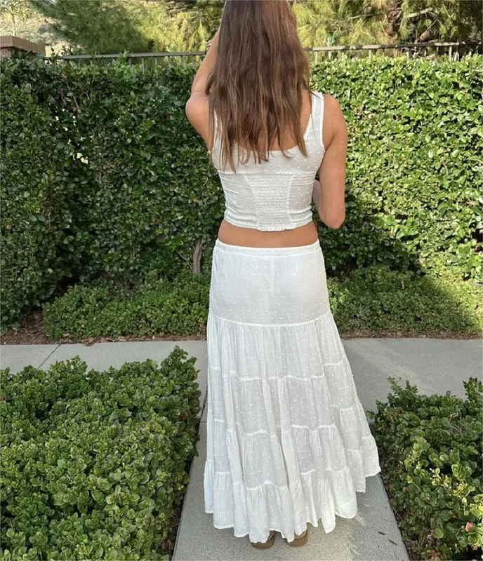 Women Two Piece Maxi Skirt Sets Y2k Sleeveless Crop Cami Top Ruffle Tiered Flowy Long Skirt Vacation Beach Outfits