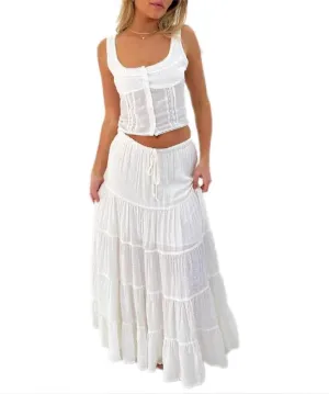 Women Two Piece Maxi Skirt Sets Y2k Sleeveless Crop Cami Top Ruffle Tiered Flowy Long Skirt Vacation Beach Outfits