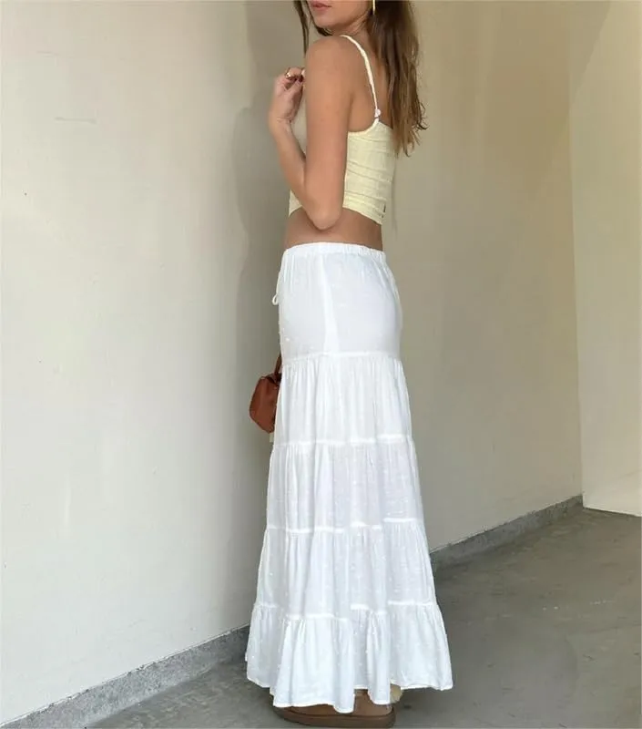 Women Two Piece Maxi Skirt Sets Y2k Sleeveless Crop Cami Top Ruffle Tiered Flowy Long Skirt Vacation Beach Outfits