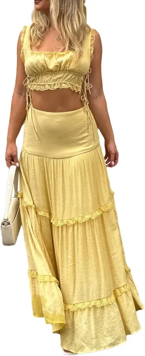Women Y2k 2 Piece Maxi Skirt Set Floral Crop Top Bodycon Long Skirt Going Out Streetwear Outfits