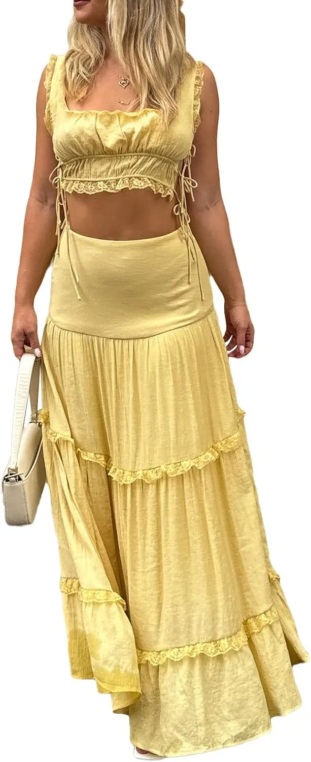 Women Y2k 2 Piece Maxi Skirt Set Floral Crop Top Bodycon Long Skirt Going Out Streetwear Outfits