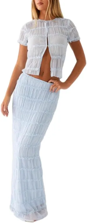 Women Y2k 2 Piece Maxi Skirt Set Ruched Short Sleeve Crop Top Flowy Ruffle Long Skirt Outfits Beachwear