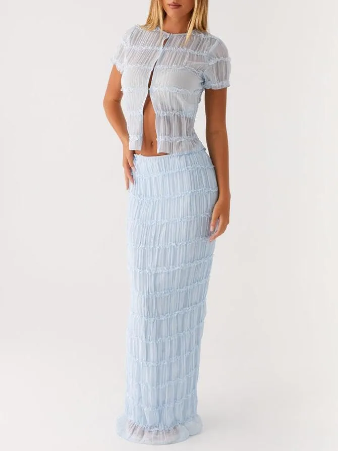 Women Y2k 2 Piece Maxi Skirt Set Ruched Short Sleeve Crop Top Flowy Ruffle Long Skirt Outfits Beachwear