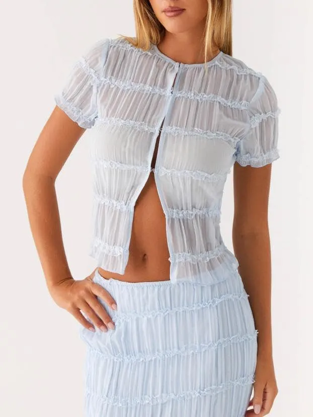Women Y2k 2 Piece Maxi Skirt Set Ruched Short Sleeve Crop Top Flowy Ruffle Long Skirt Outfits Beachwear