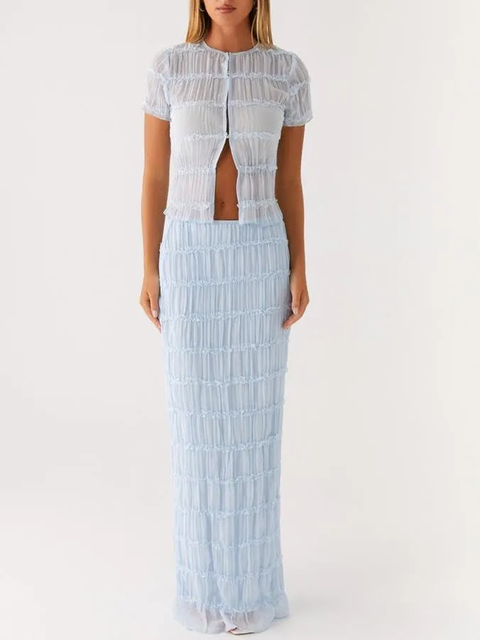 Women Y2k 2 Piece Maxi Skirt Set Ruched Short Sleeve Crop Top Flowy Ruffle Long Skirt Outfits Beachwear