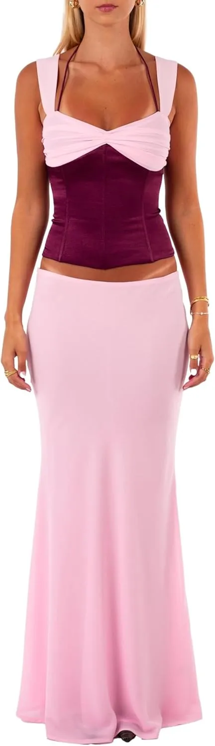 Women Y2k 2 Piece Skirt Sets Satin Backless Tank Top Bodycon Long Maxi Skirt Outfits Summer Beachwear