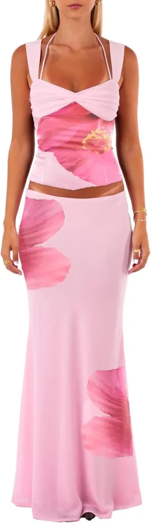 Women Y2k 2 Piece Skirt Sets Satin Backless Tank Top Bodycon Long Maxi Skirt Outfits Summer Beachwear