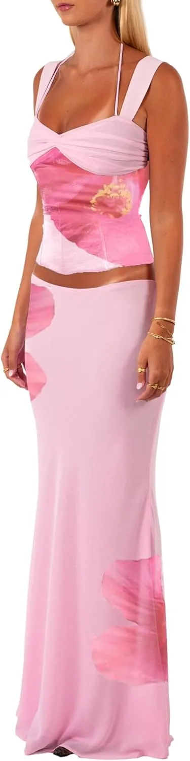 Women Y2k 2 Piece Skirt Sets Satin Backless Tank Top Bodycon Long Maxi Skirt Outfits Summer Beachwear