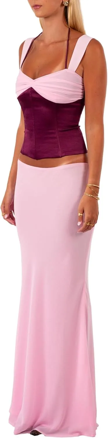Women Y2k 2 Piece Skirt Sets Satin Backless Tank Top Bodycon Long Maxi Skirt Outfits Summer Going Out Streetwear