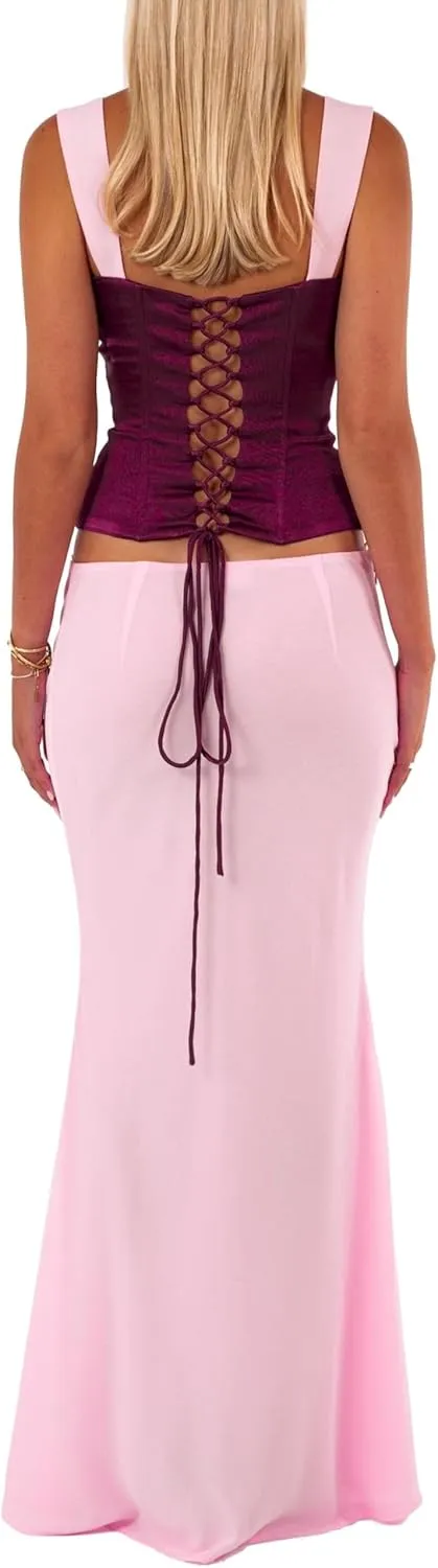 Women Y2k 2 Piece Skirt Sets Satin Backless Tank Top Bodycon Long Maxi Skirt Outfits Summer Going Out Streetwear