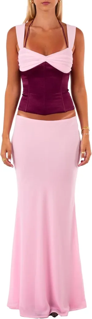 Women Y2k 2 Piece Skirt Sets Satin Backless Tank Top Bodycon Long Maxi Skirt Outfits Summer Going Out Streetwear
