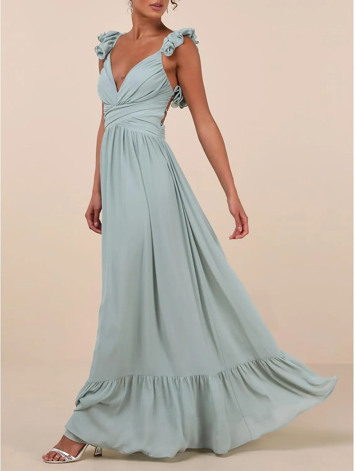 Women Y2k Boho Ruffle Trim Maxi Dress Floral Hollow Out Backless Tie Flowy Long Dresses Summer Beach 2025 Sundress