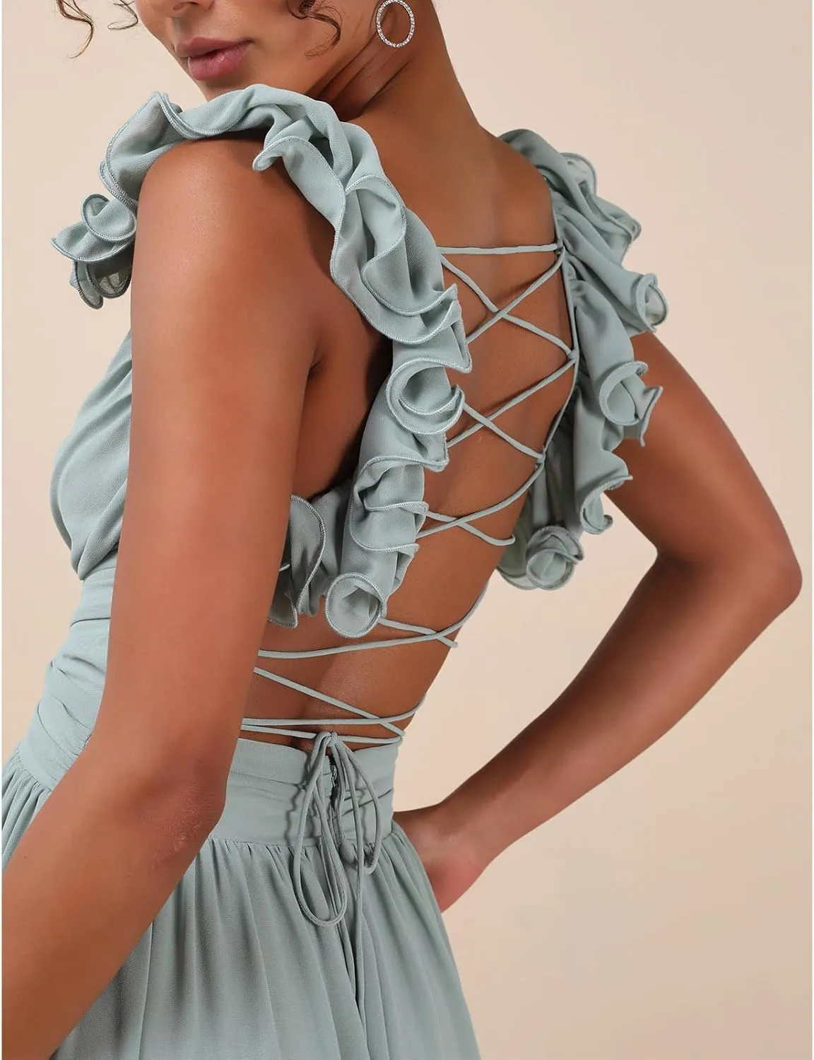 Women Y2k Boho Ruffle Trim Maxi Dress Floral Hollow Out Backless Tie Flowy Long Dresses Summer Beach 2025 Sundress
