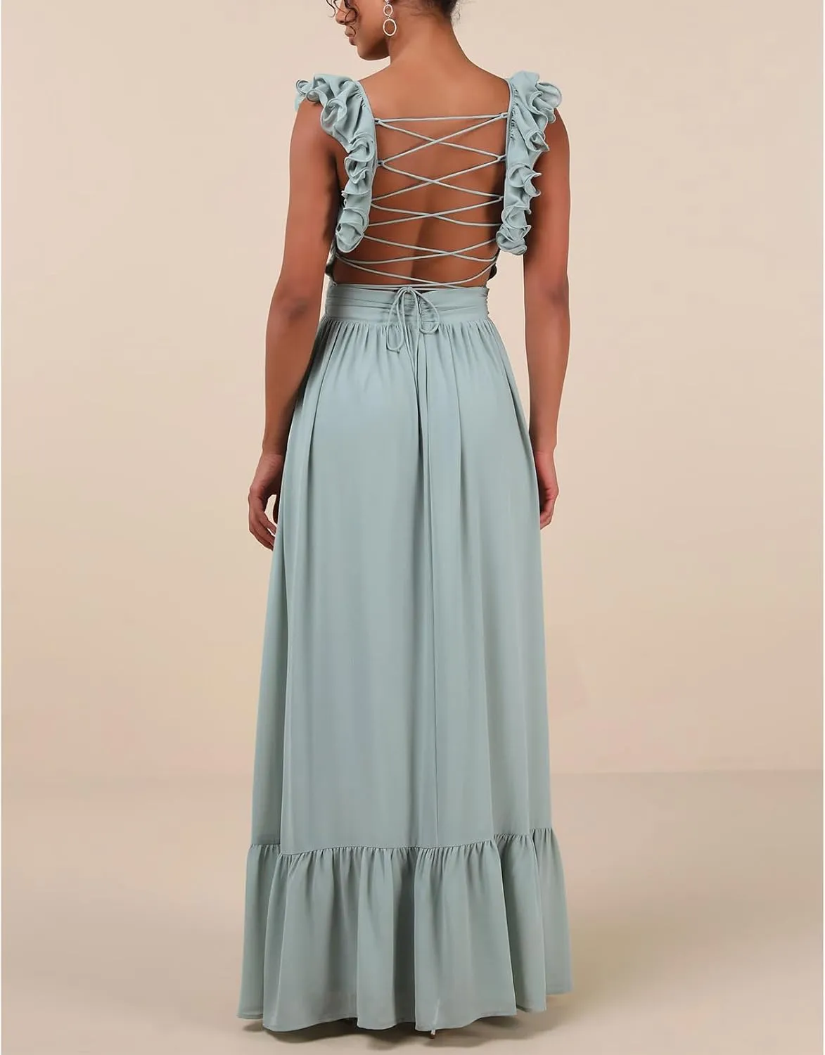 Women Y2k Boho Ruffle Trim Maxi Dress Floral Hollow Out Backless Tie Flowy Long Dresses Summer Beach 2025 Sundress