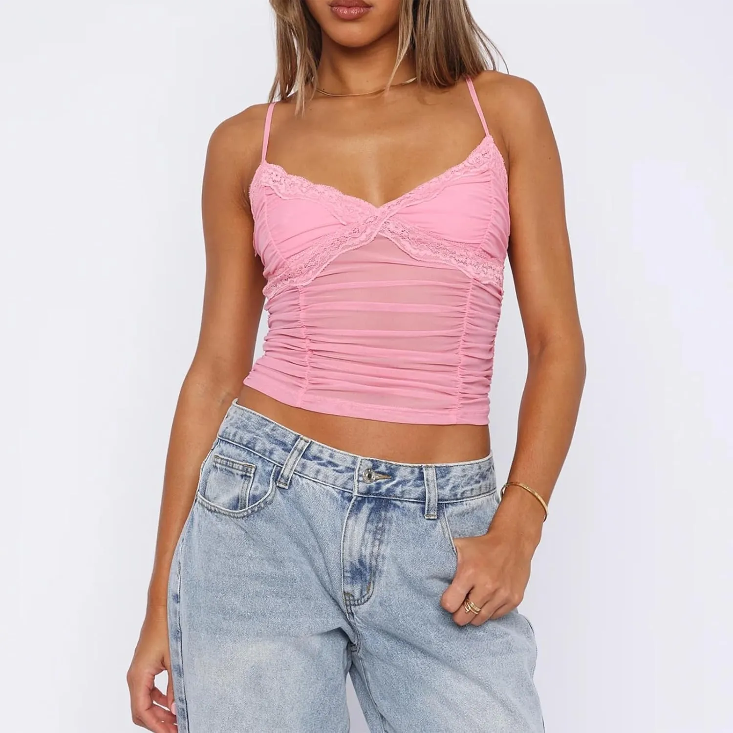 Women Y2K Camisole Spaghetti Strap Lace Trim Square Neck Tank Top Summer Basics Going Out Tops Streetwear