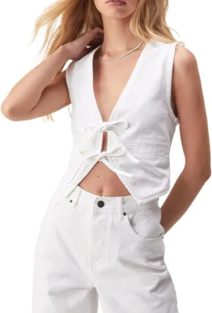 Women Y2K Denim Button Down Vest Vintage Deep V Neck Front Tie-Up Jean Waistcoat Jacket Cropped Tank Tops Streetwear