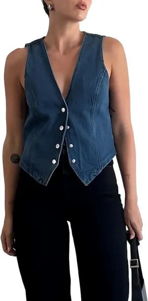 Women Y2K Denim Button Down Vest Vintage Deep V Neck Front Tie-Up Jean Waistcoat Jacket Cropped Tank Tops Streetwear