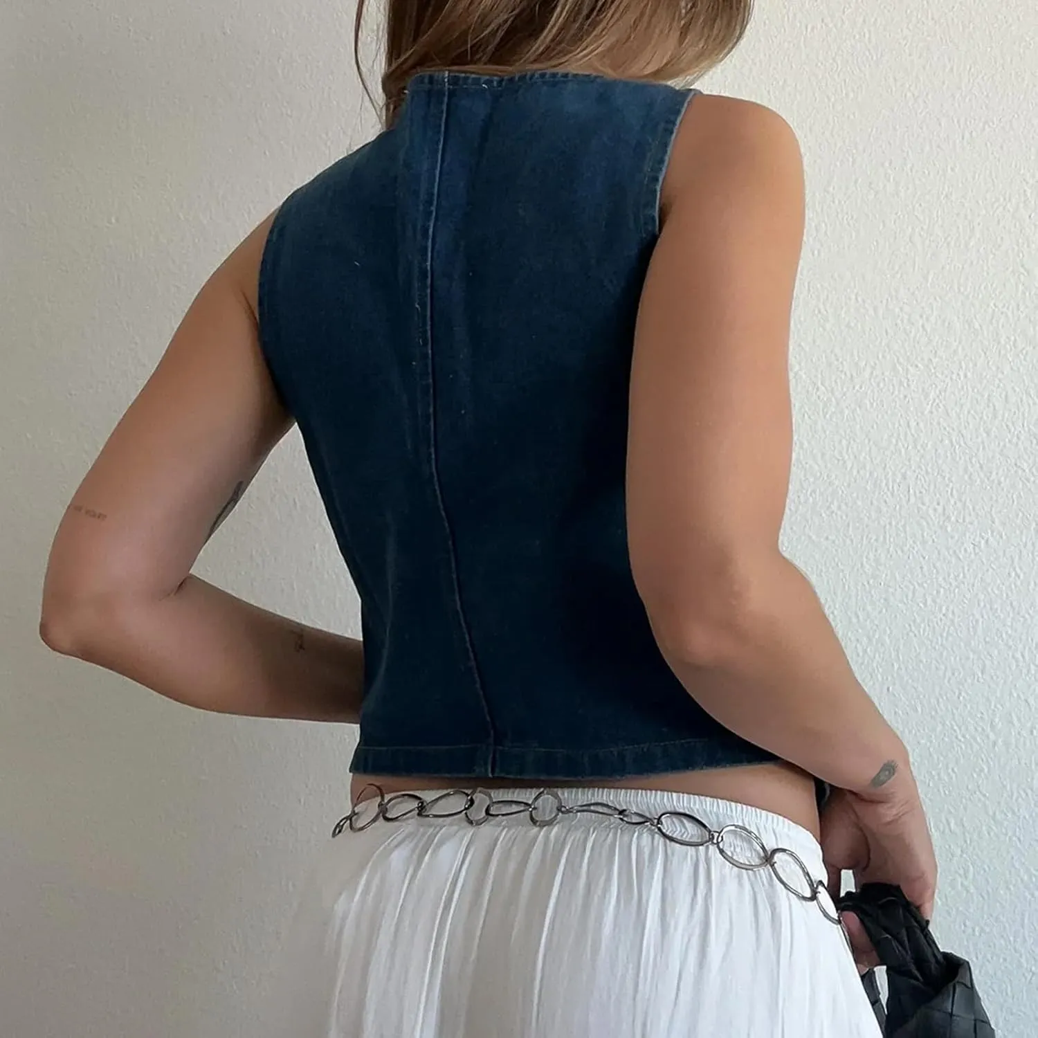 Women Y2K Denim Button Down Vest Vintage Deep V Neck Front Tie-Up Jean Waistcoat Jacket Cropped Tank Tops Streetwear