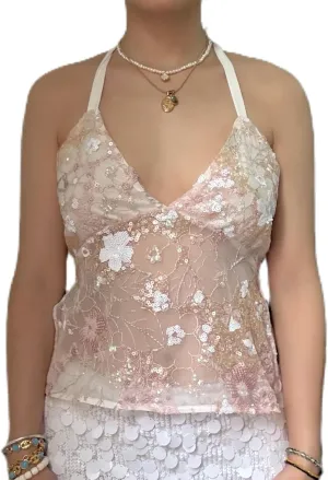 Women Y2k Floral Sequin Tank Top Glitter Embroidered Mesh Camisole Sparkly Halter Neck Backless Cami Crop Tops